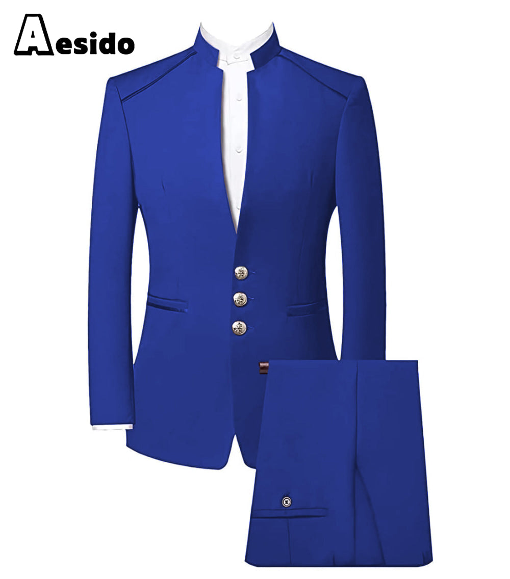 aesido Fashion stand collar men's two piece suit/China Costume (Blazer + Pants)