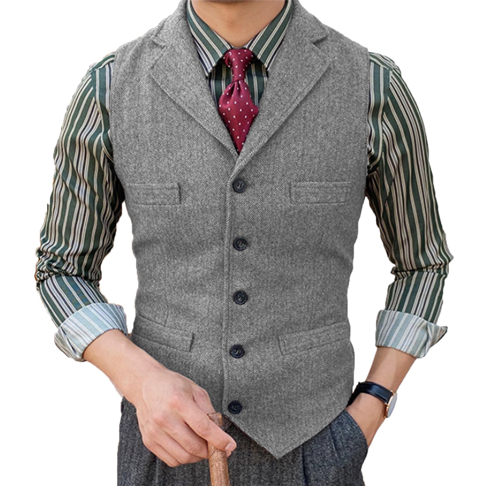 aesido Formal Men's Suit Vest Herringbone Notch Lapel Waistcoat