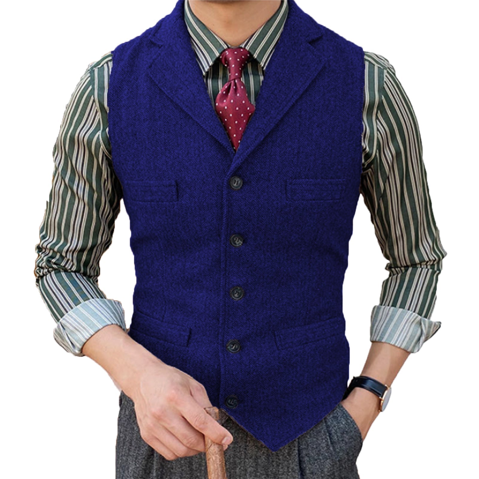 aesido Formal Men's Suit Vest Herringbone Notch Lapel Waistcoat