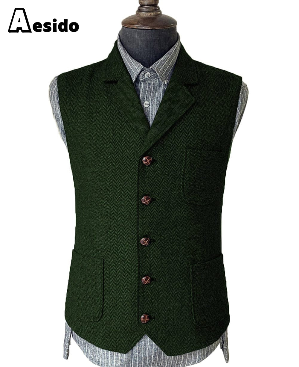 aesido Formal Men's Suit Vest Herringbone Notch Lapel Waistcoat