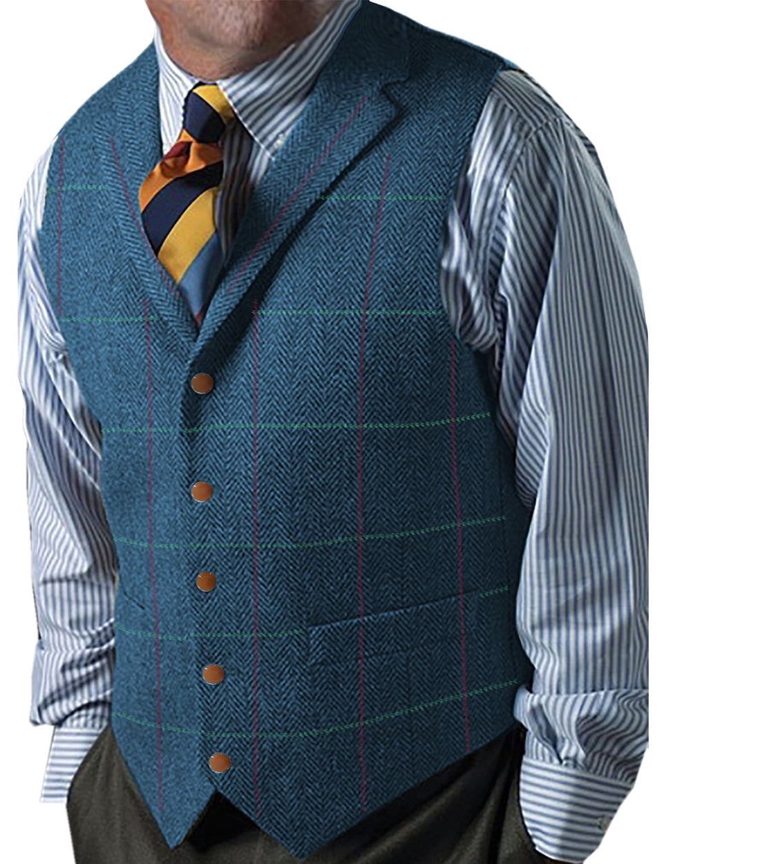 aesido Formal Men's Suit Vest Herringbone Plaid Notch Lapel Waistcoat for Wedding