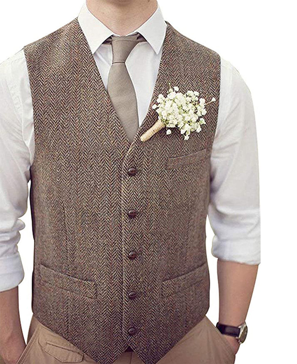 aesido Formal Men's Suit Vest Herringbone V Neck Waistcoat for Wedding