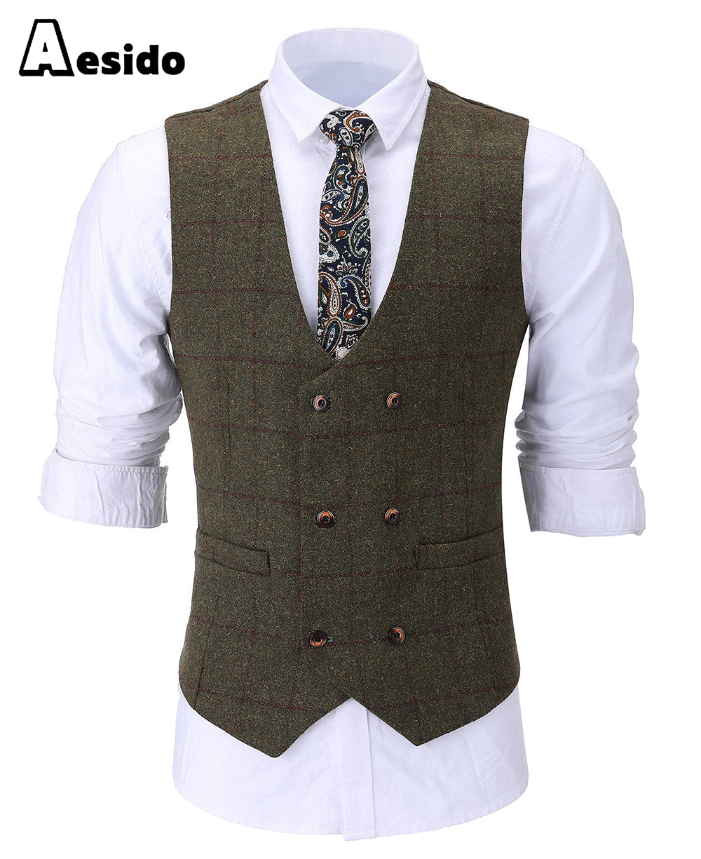 aesido Formal Men's Suit Vest Plaid Tweed U Neck Waistcoat