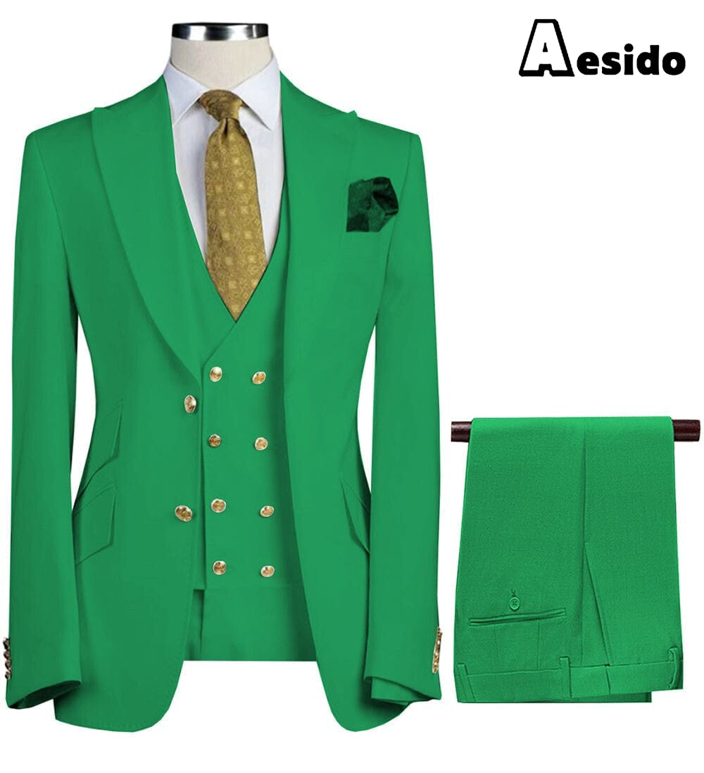 aesido Formal Peak Lapel 3 Pieces Mens Suit For Wedding Tuxedos (Blazer+vest+Pants)