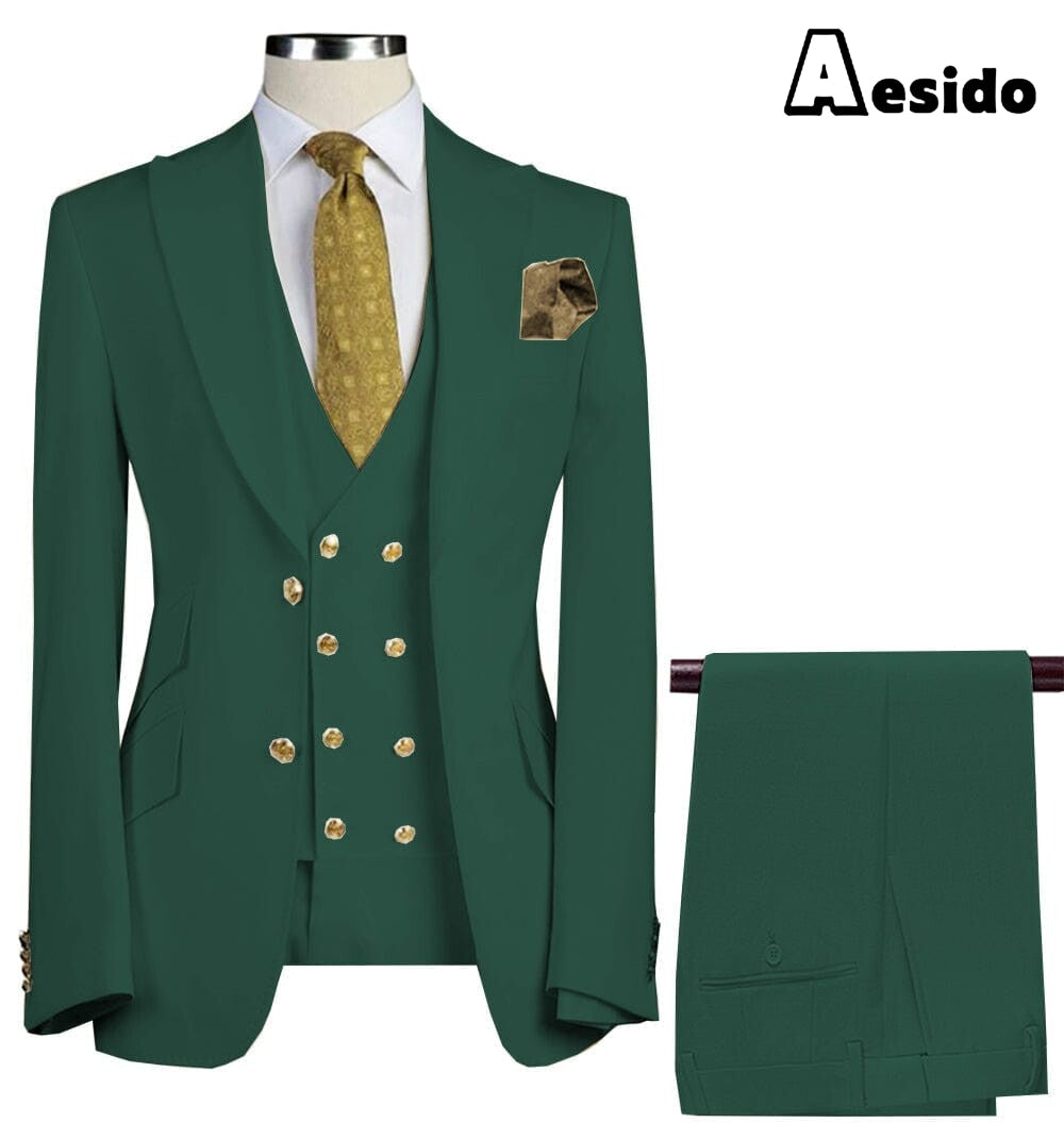 aesido Formal Peak Lapel 3 Pieces Mens Suit For Wedding Tuxedos (Blazer+vest+Pants)