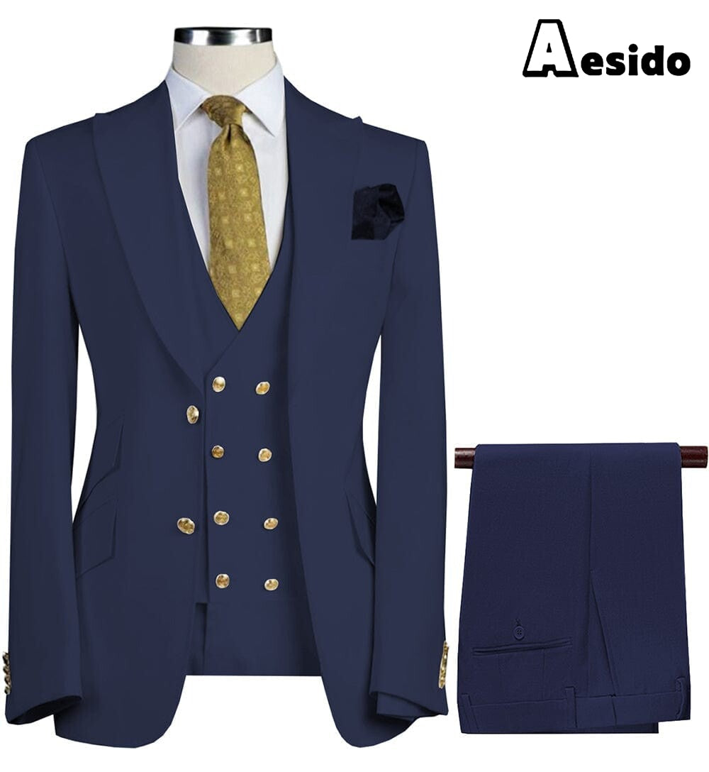 aesido Formal Peak Lapel 3 Pieces Mens Suit For Wedding Tuxedos (Blazer+vest+Pants)