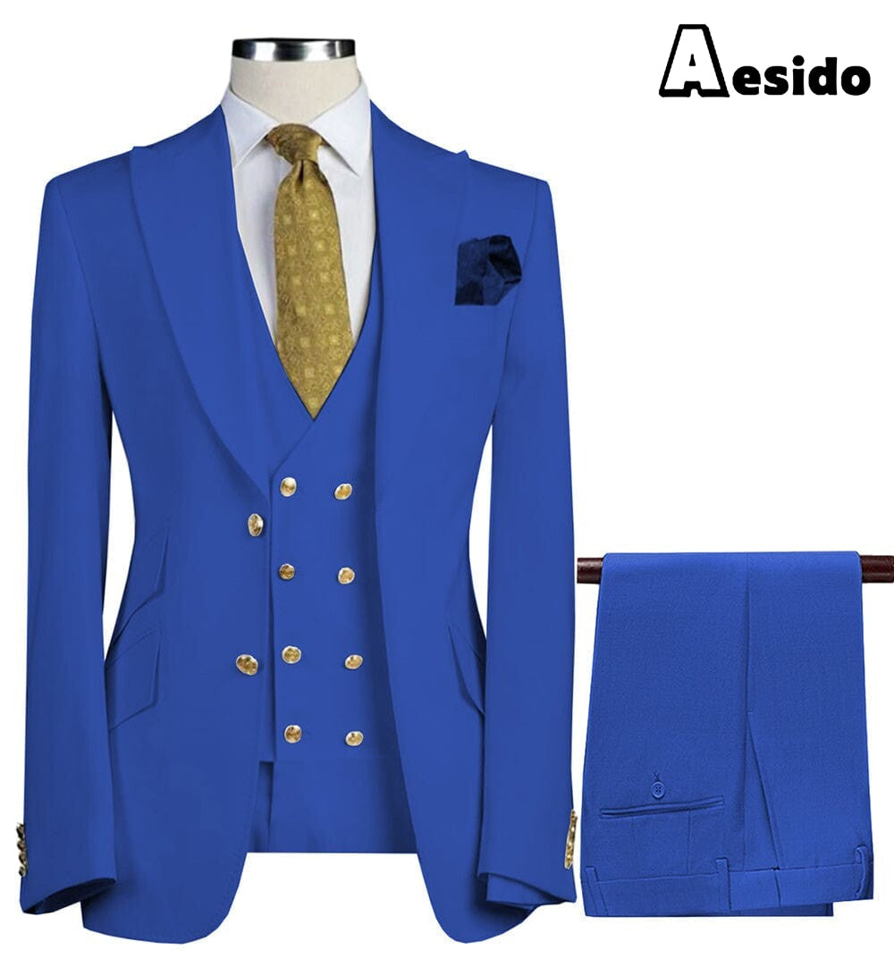 aesido Formal Peak Lapel 3 Pieces Mens Suit For Wedding Tuxedos (Blazer+vest+Pants)