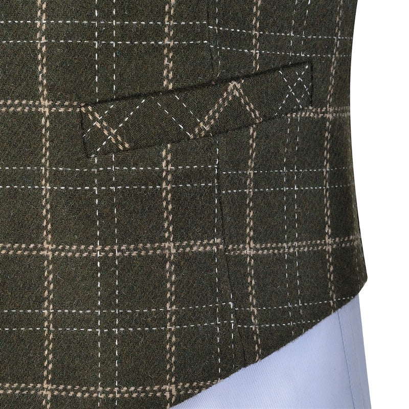 aesido Formal Slim Fit Suit Vest Army Green Plaid V Neck Waistcoat