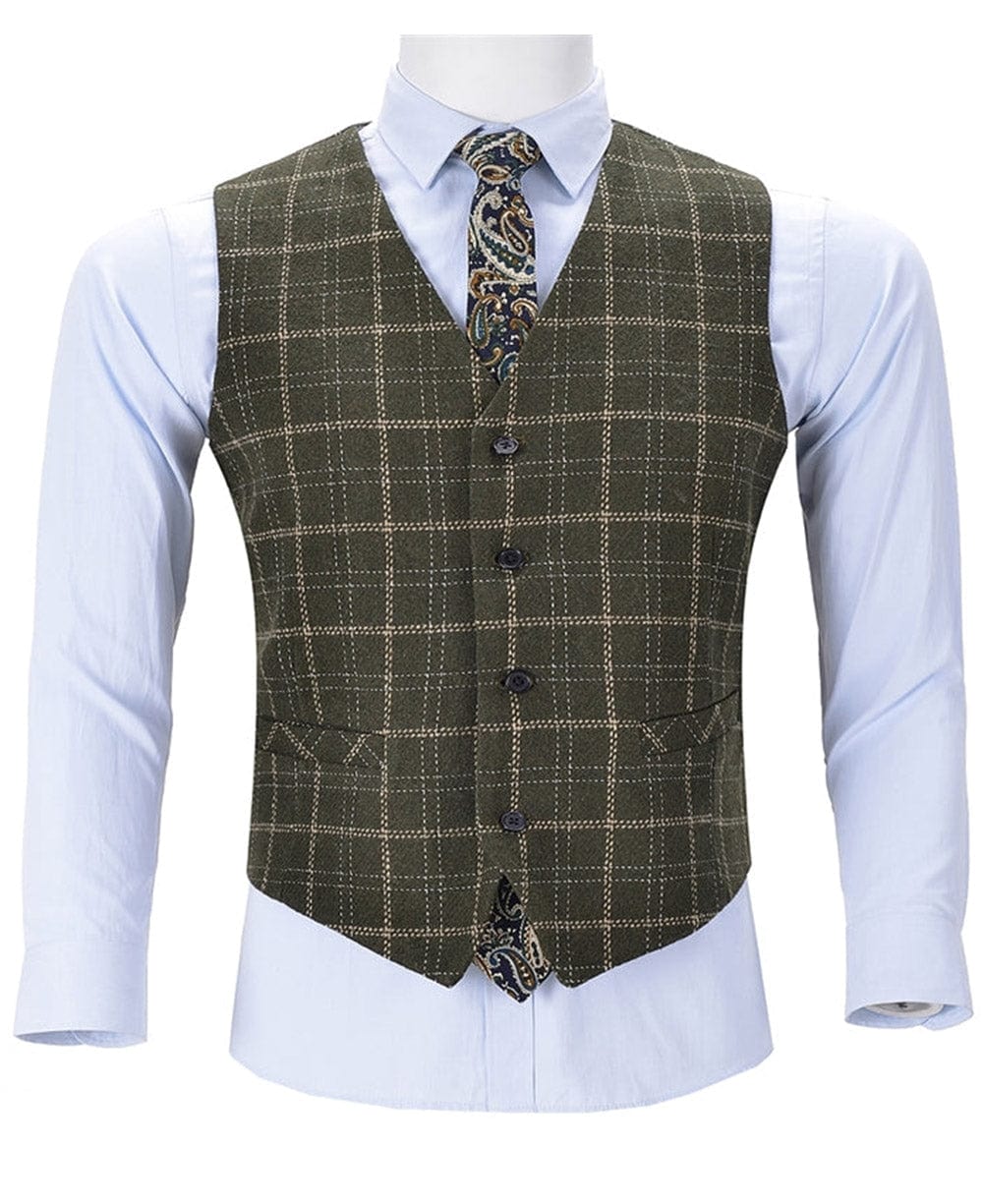 aesido Formal Slim Fit Suit Vest Army Green Plaid V Neck Waistcoat