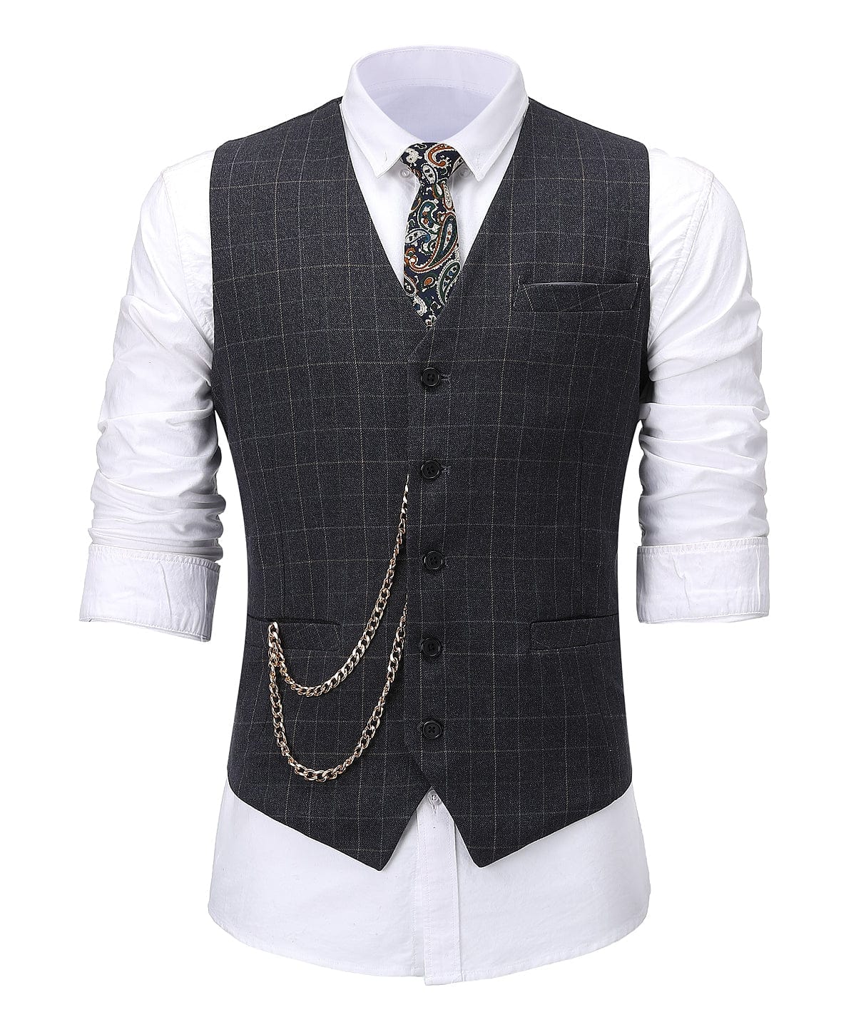 aesido Formal Suit Vest Black Plaid V Neck Waistcoat