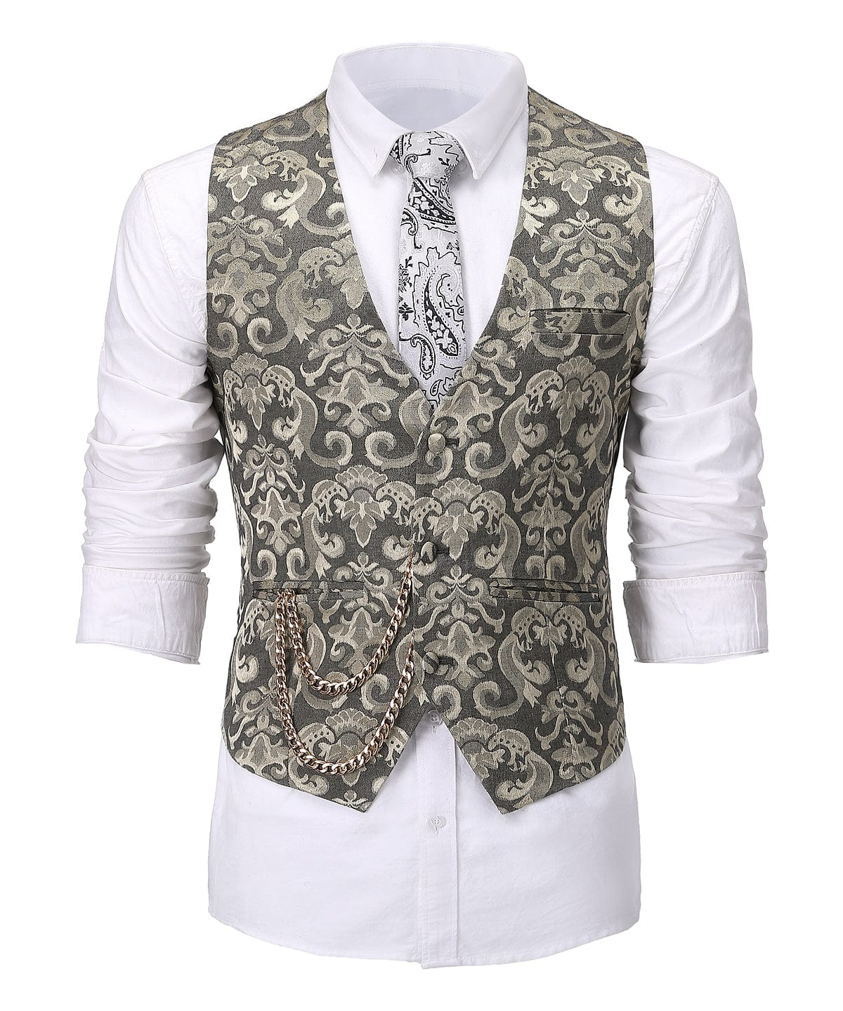 Aesido Gold Patterned V Neck Waistcoat