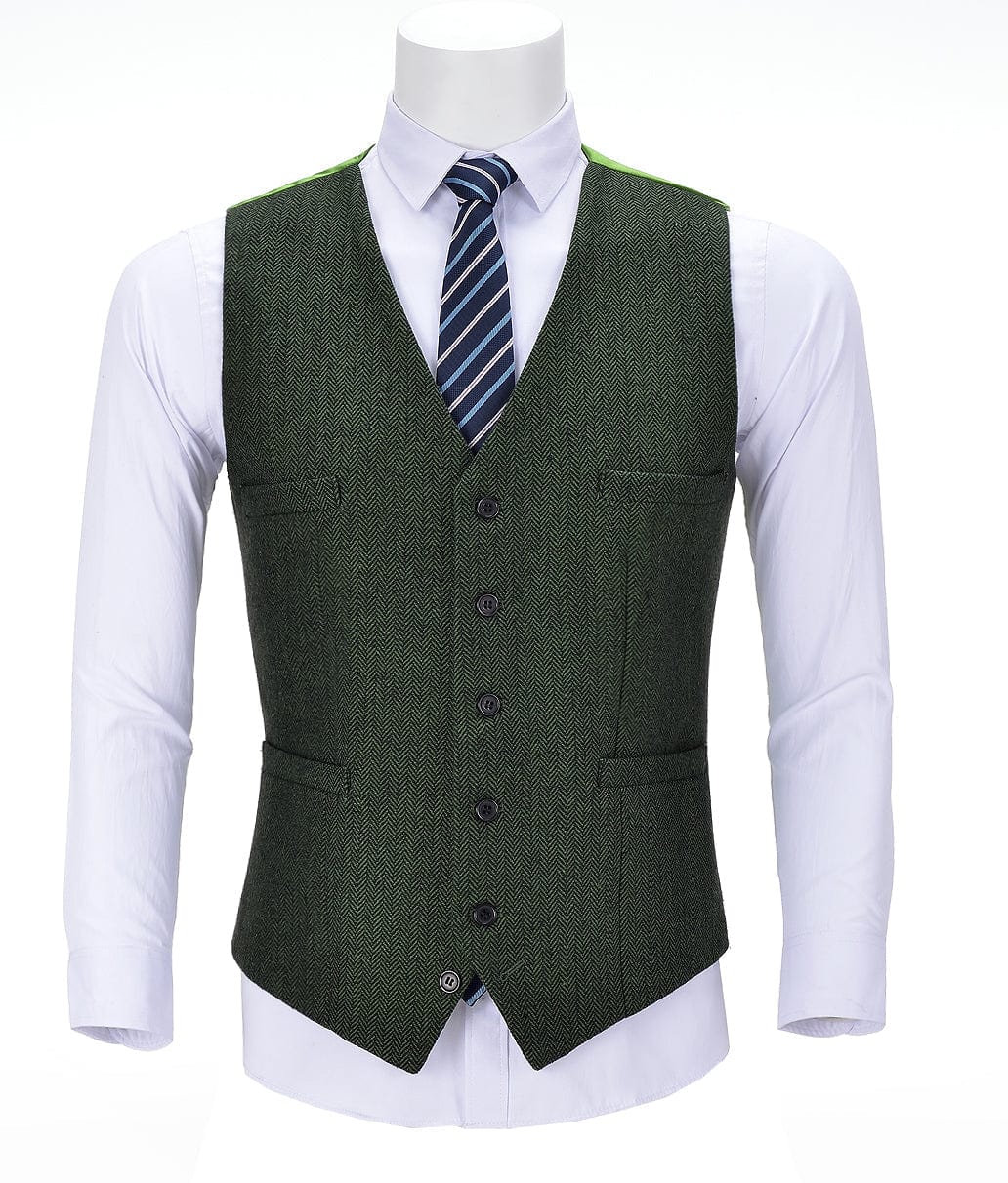 aesido Green Herringbone V Neck Waistcoat