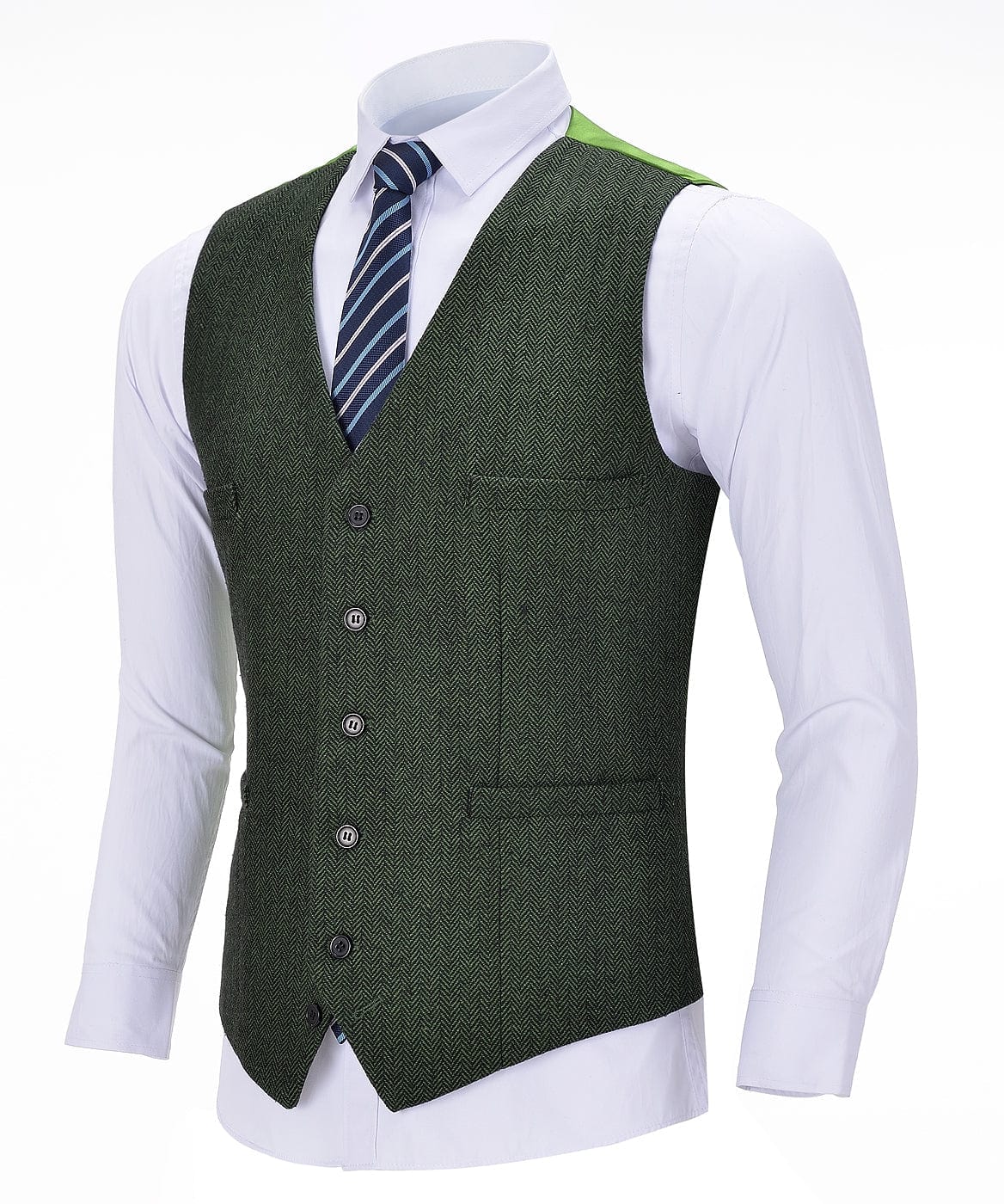 aesido Green Herringbone V Neck Waistcoat