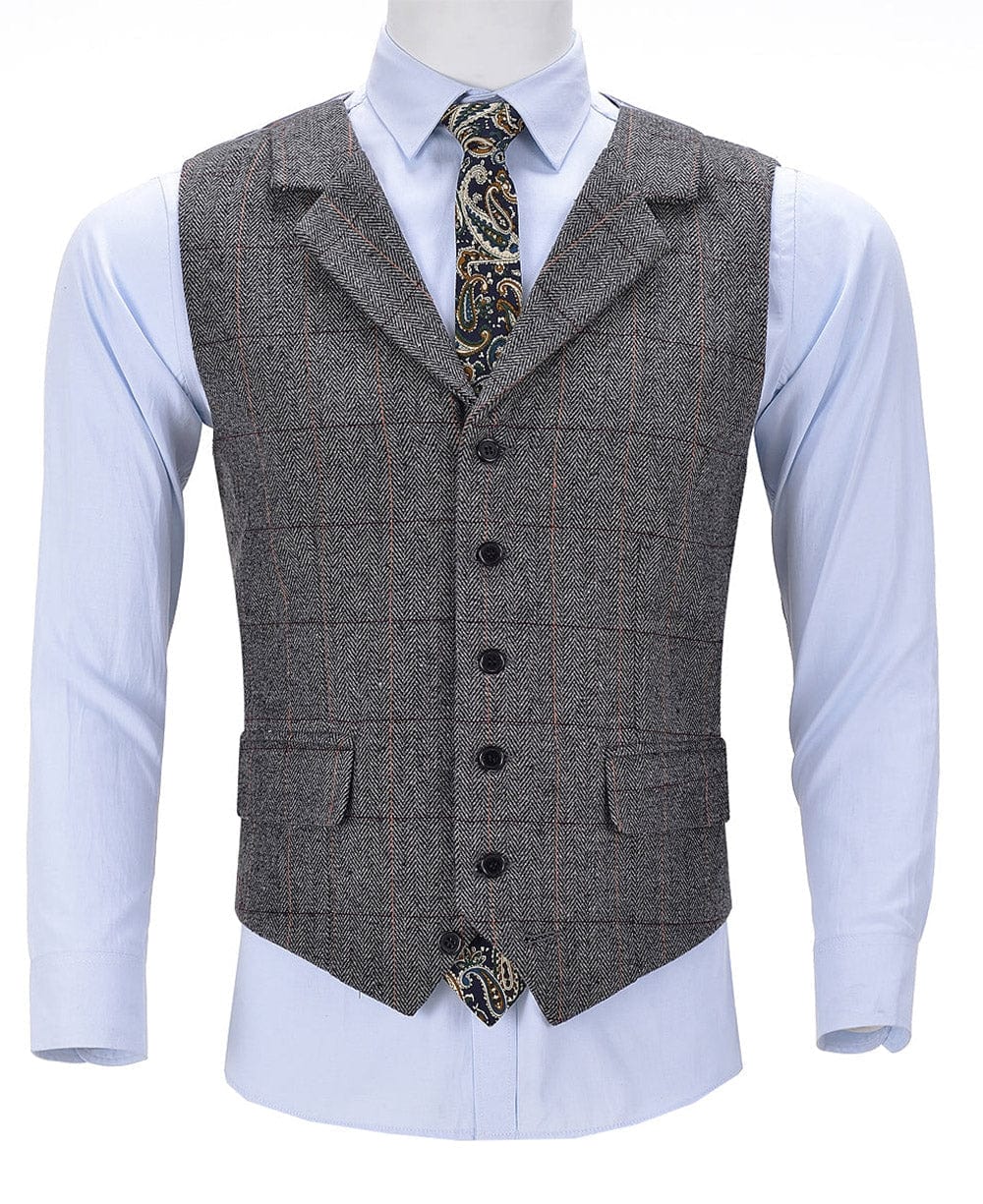 aesido Grey Casual Men's Suit Vest Plaid Notch Lapel Waistcoat