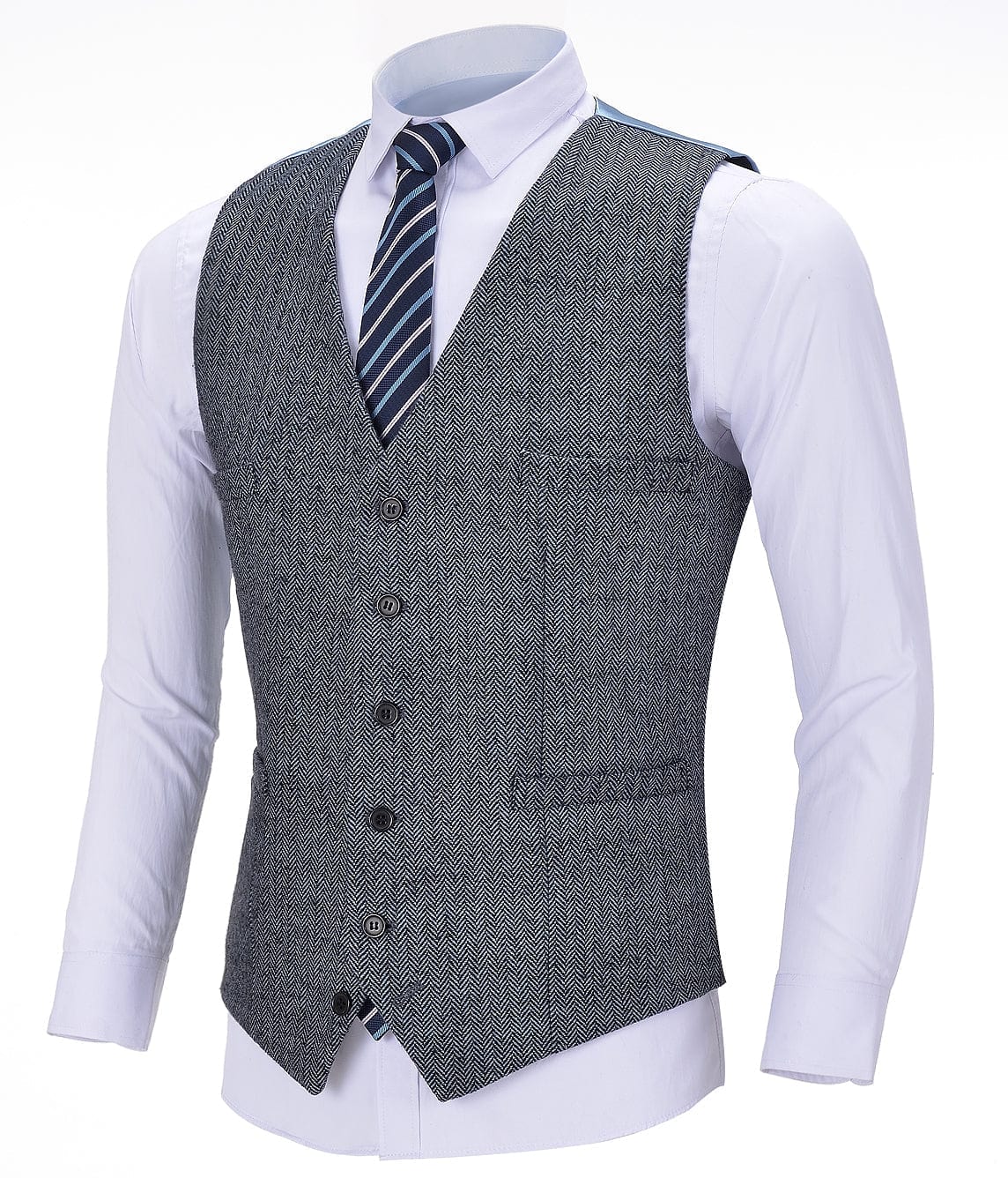 aesido Light Blue Herringbone V Neck Waistcoat