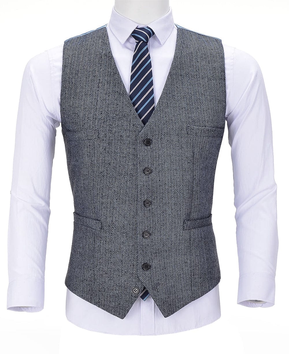 aesido Light Blue Herringbone V Neck Waistcoat