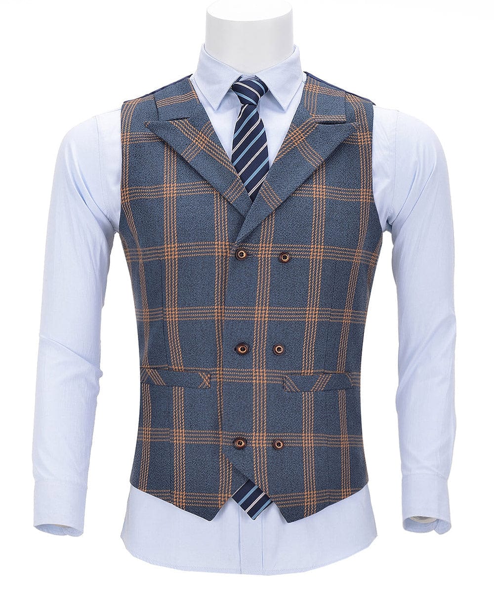 aesido Light Navy Plaid Peak Lapel Waistcoat Casual Slim Fit Suit Vest