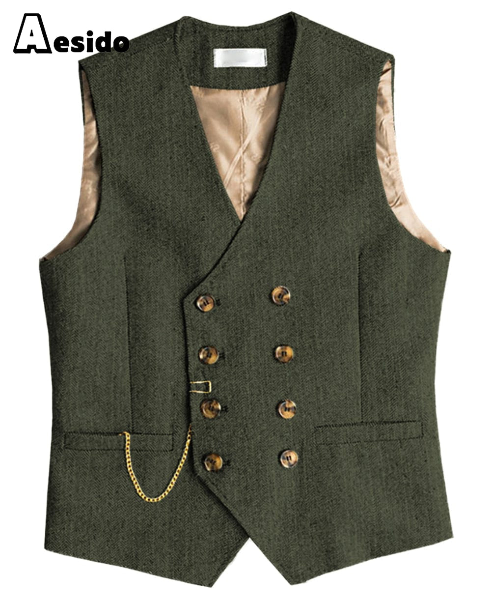 aesido Men Double Breasted V Neck Waistcoat