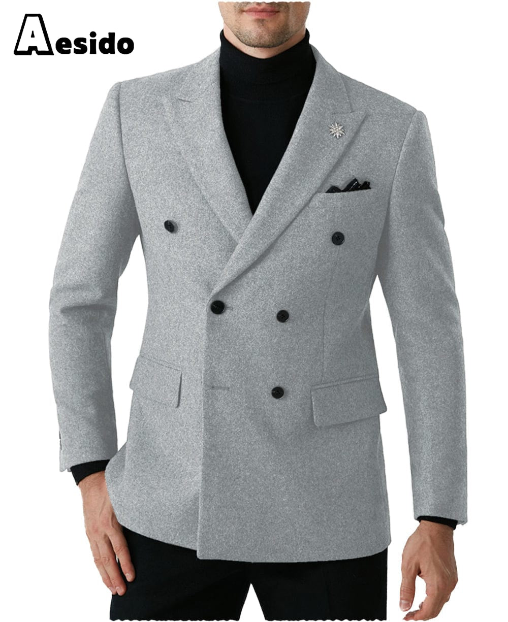 aesido Men Double Button Notch Lapel Tweed Blazer