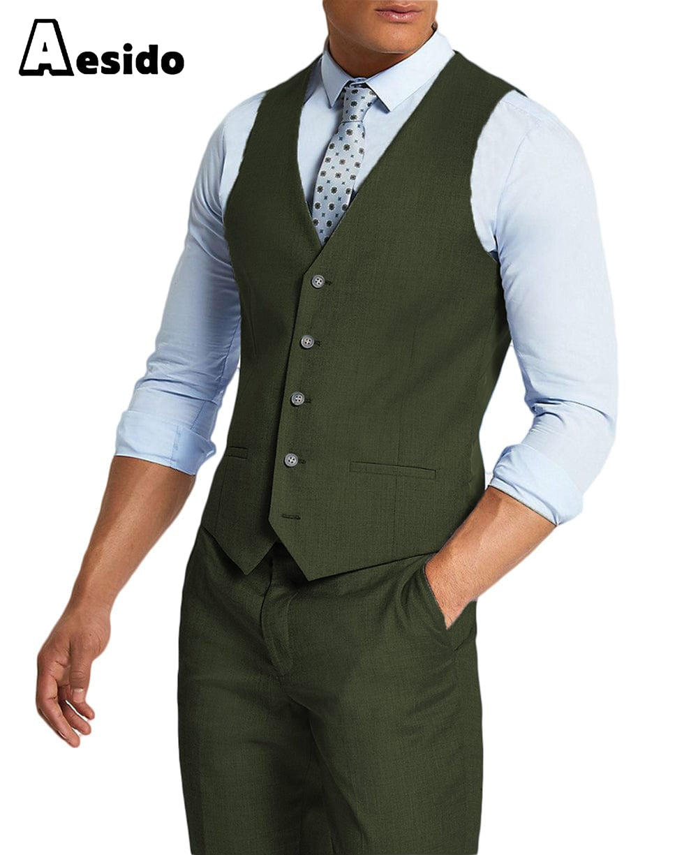 aesido Men's 2 Pieces Single Breasted V Neck Waistcoat（Vest+Pants）