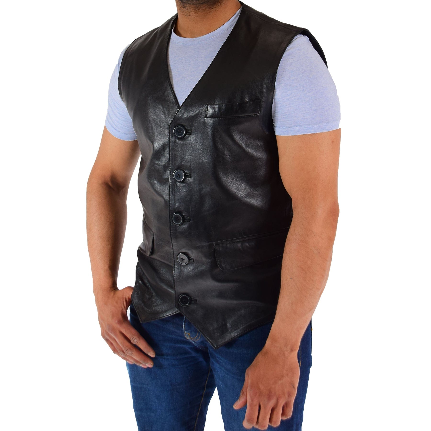 aesido Men's Black Vintage V Neck Leather Vest