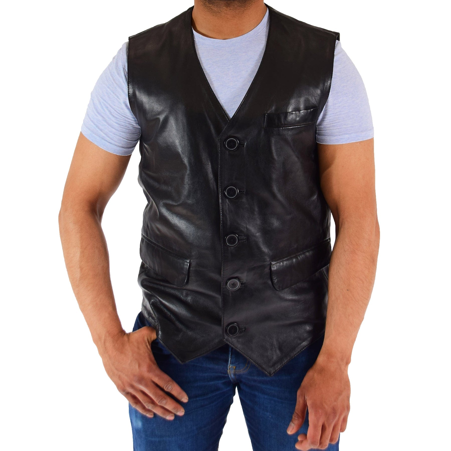 aesido Men's Black Vintage V Neck Leather Vest