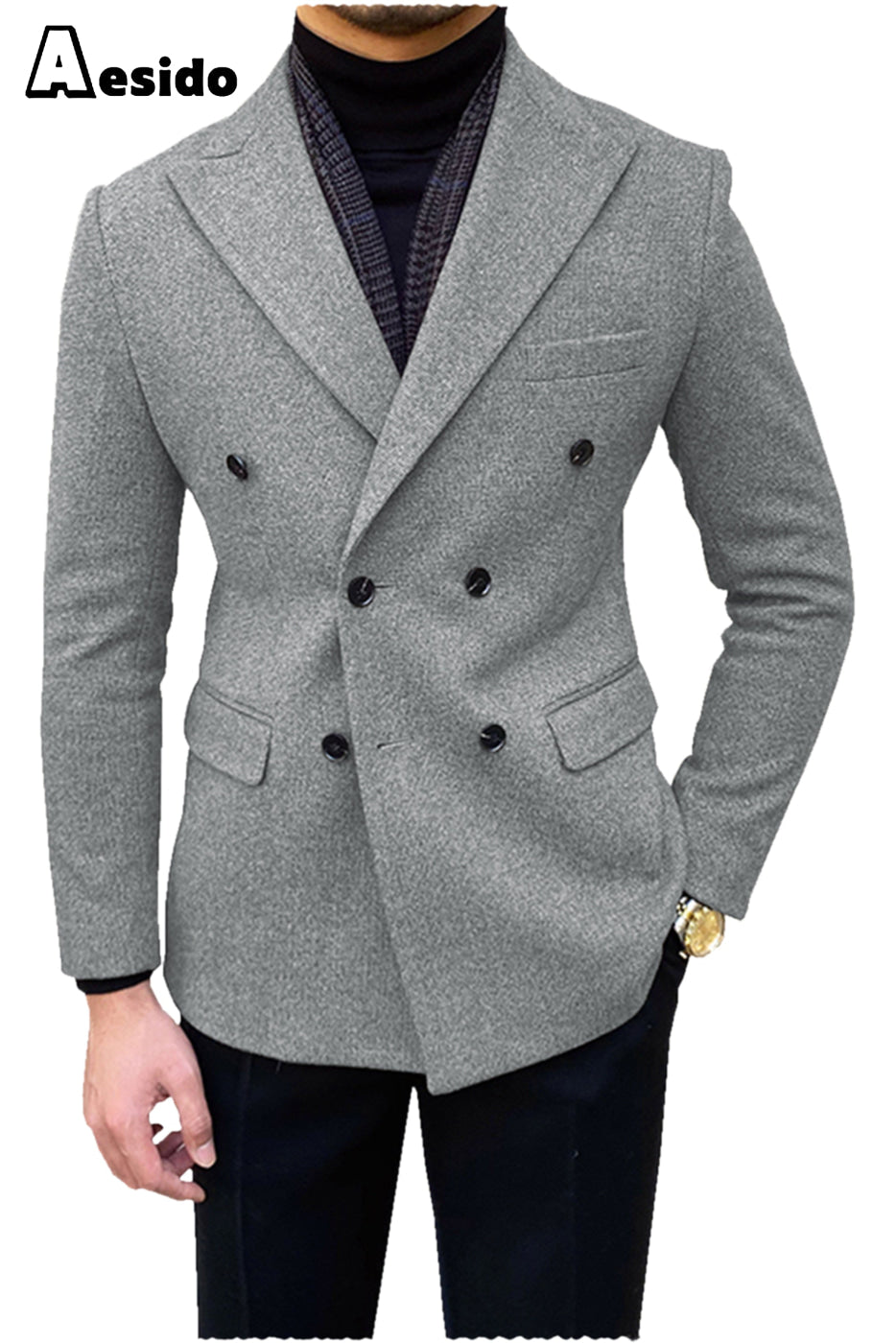 aesido Men's Double Breasted Peak Lapel Blazer