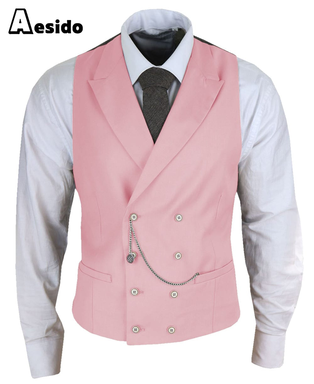 aesido Men's Double Breasted Peak Lapel Waistcoat