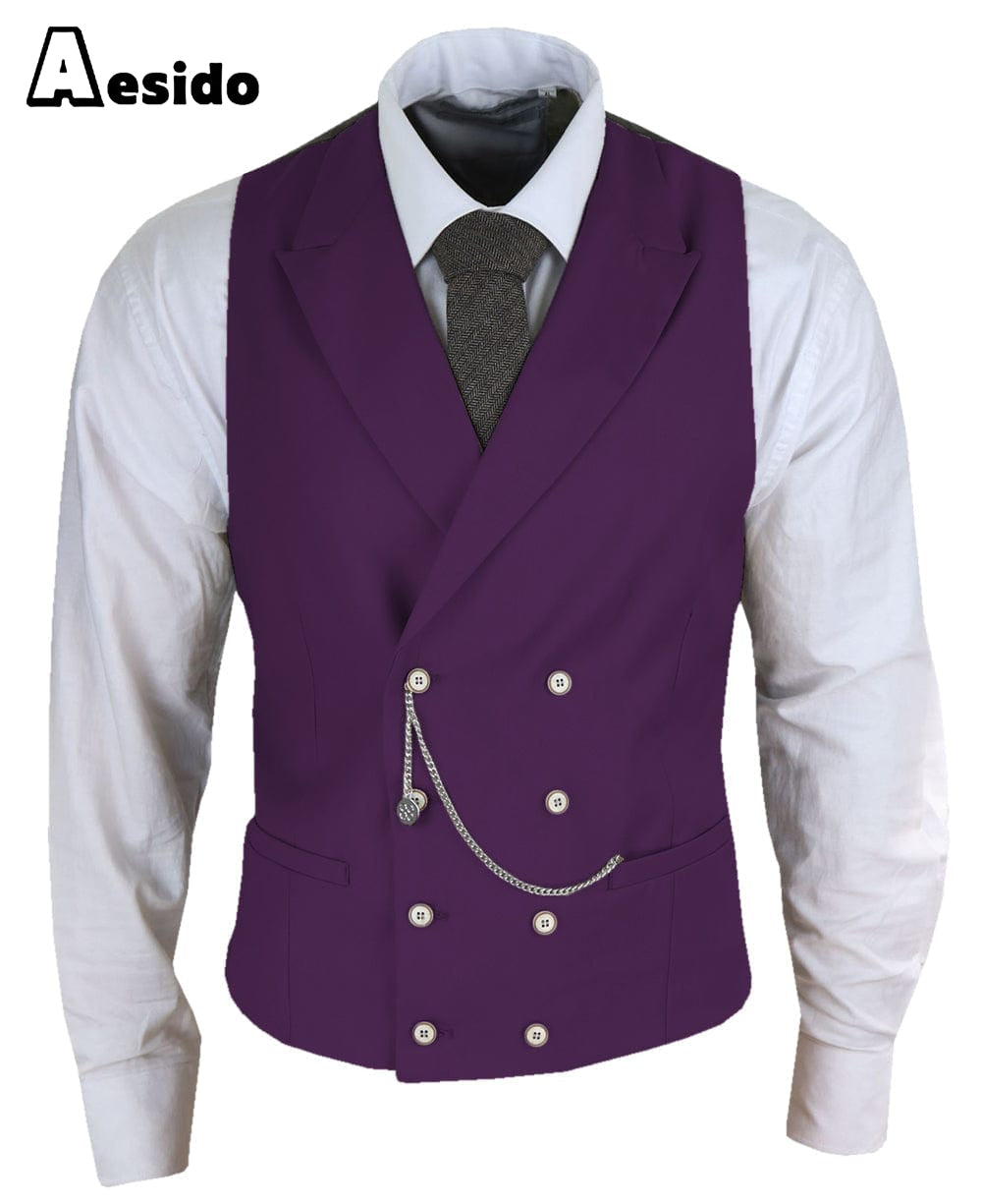 aesido Men's Double Breasted Peak Lapel Waistcoat