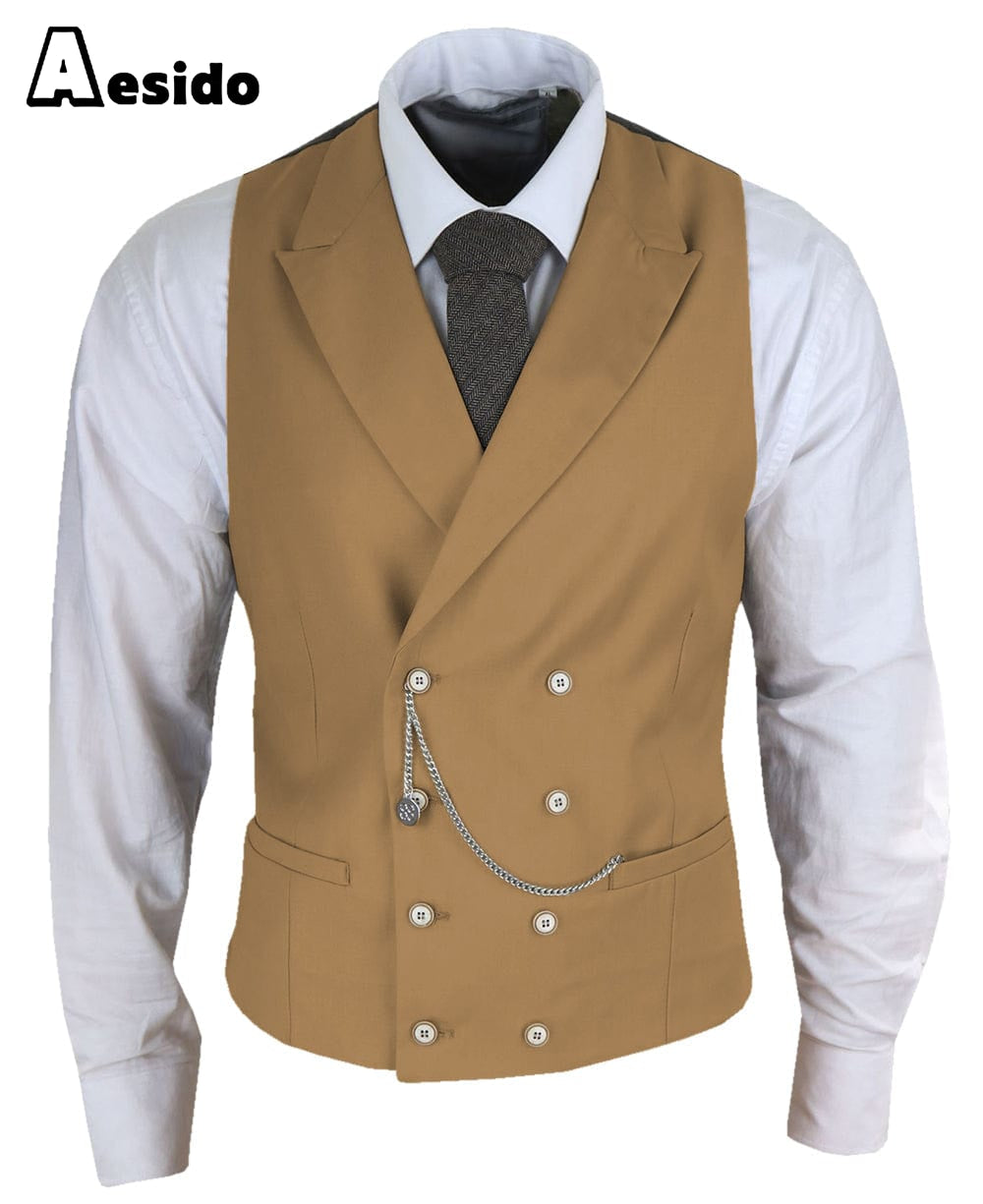 aesido Men's Double Breasted Peak Lapel Waistcoat