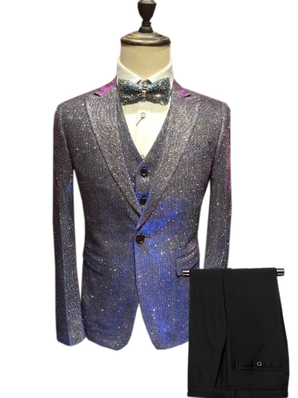 aesido Men's Fashion Gradient Sequined Tuxedo Suit Peak Lapel Men's Suit (Blazer + Vest + Pants)