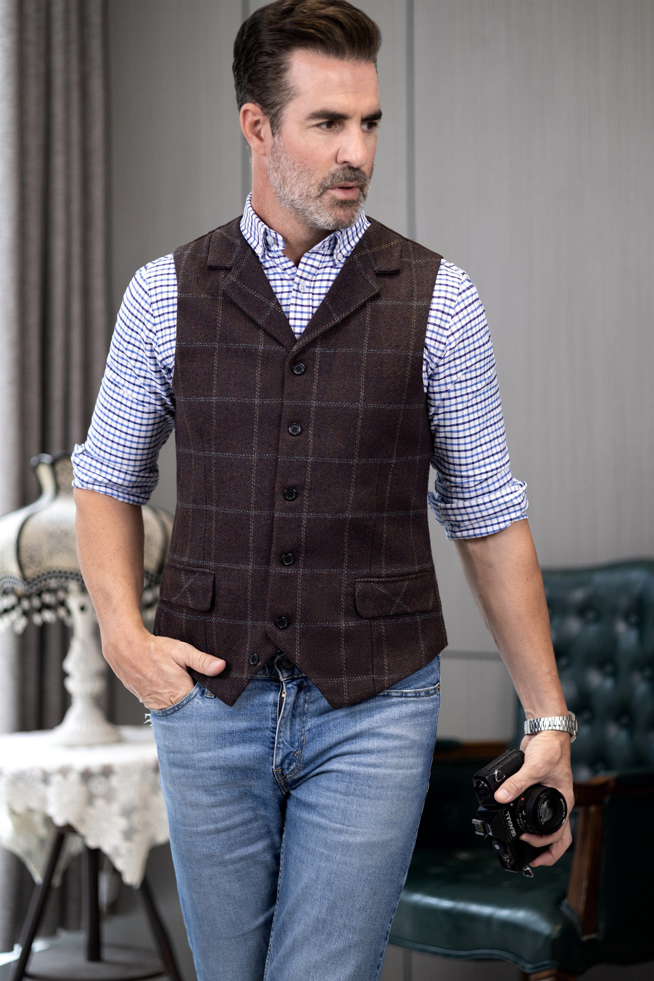 aesido Men's Plaid Single Breasted  Notch Lapel Casual Vest