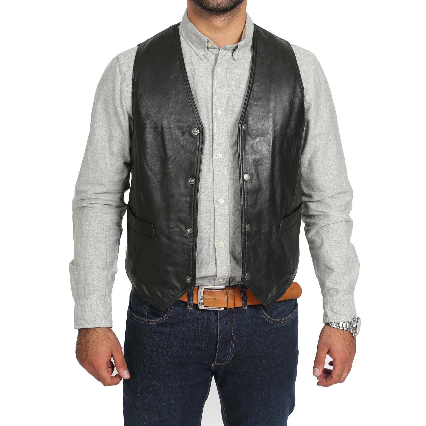 aesido Men's Single Breasted V Neck Leather Vest