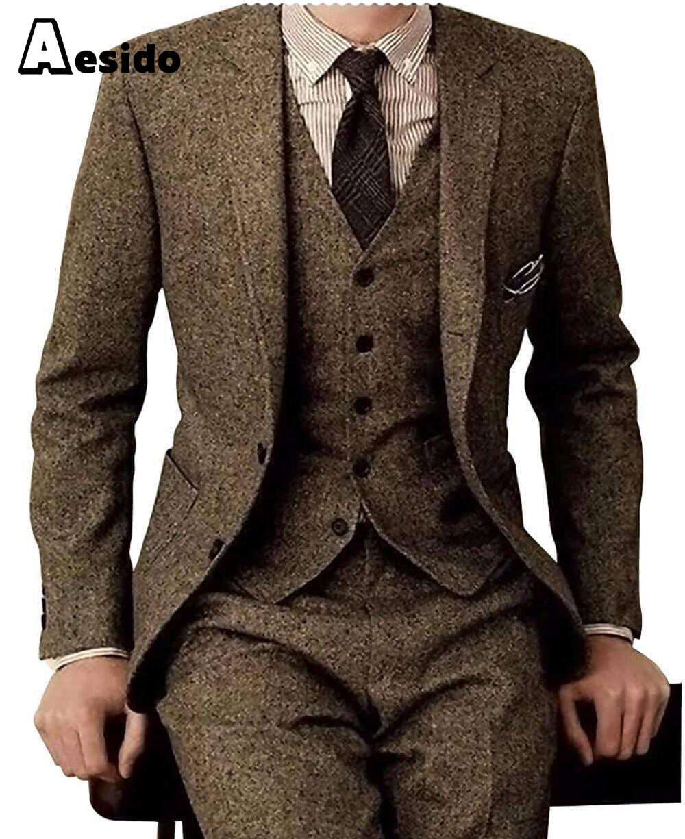 aesido Men's Suit 3 Piece Double Button Notch Lapel Jacket（Blazer+Vest+Pants）