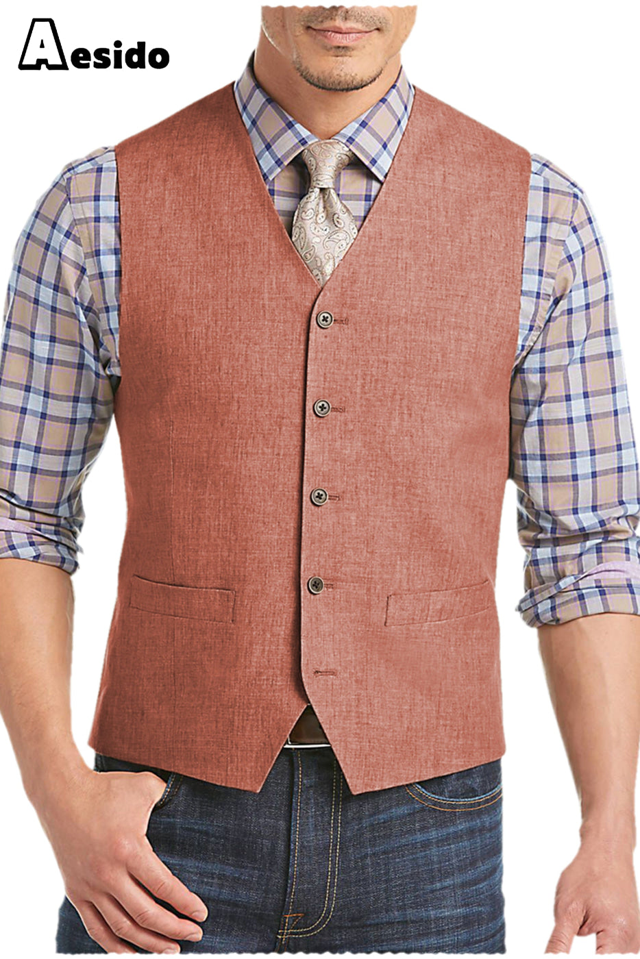 aesido Men's Suit Single Breasted V Neck Waistcoat