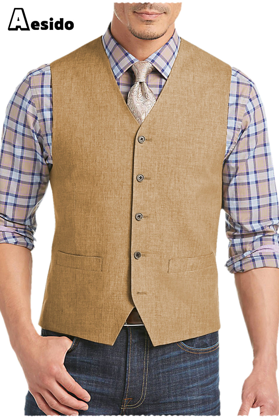 aesido Men's Suit Single Breasted V Neck Waistcoat