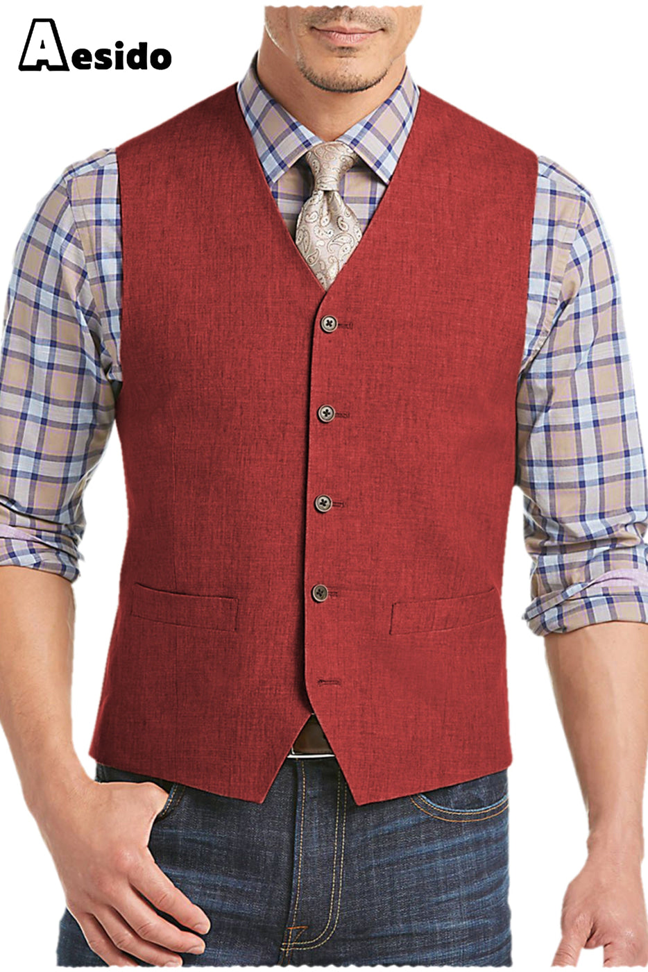 aesido Men's Suit Single Breasted V Neck Waistcoat