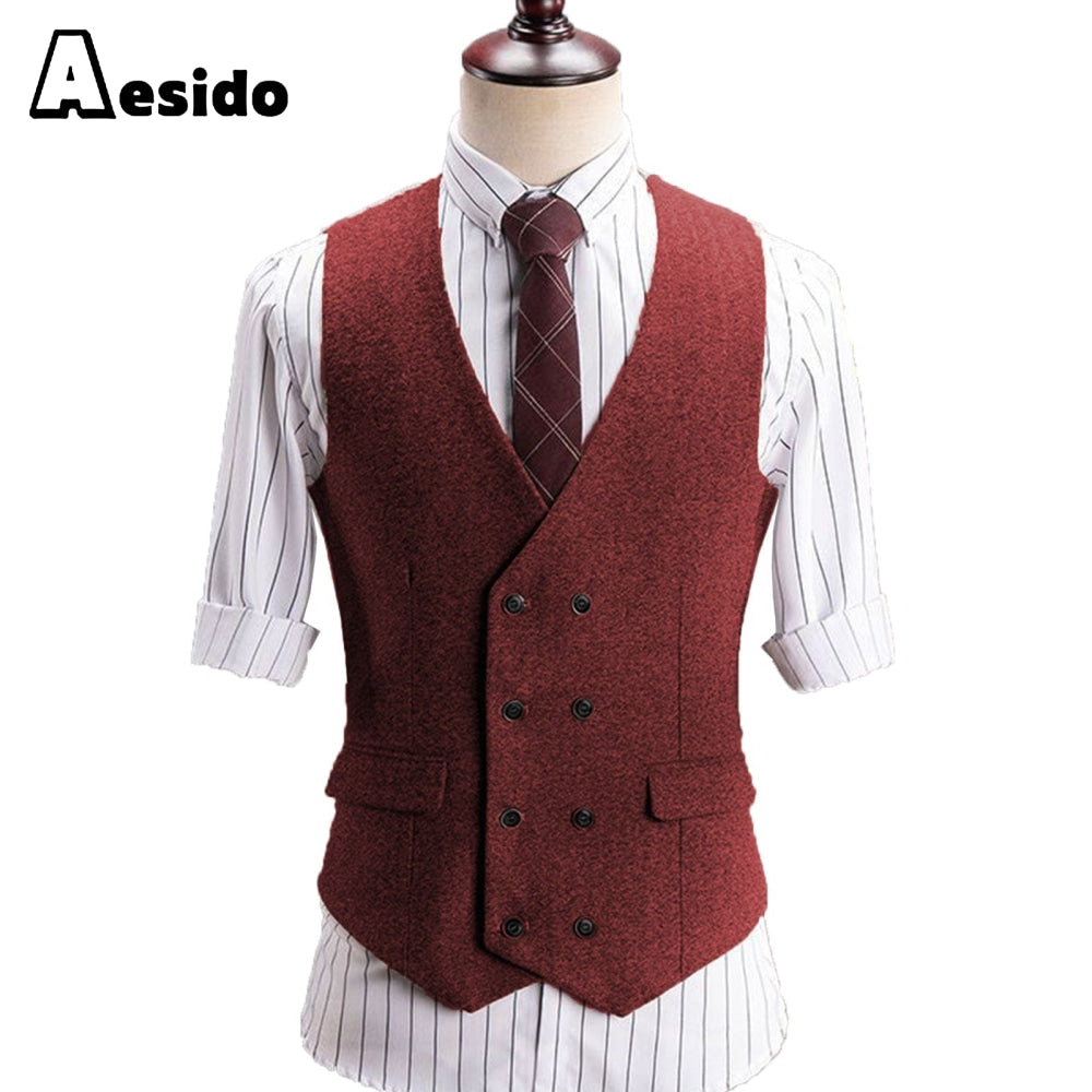 aesido Men's V Lapel Tweed Waistcoat Casual Slim Fit Suit Vest