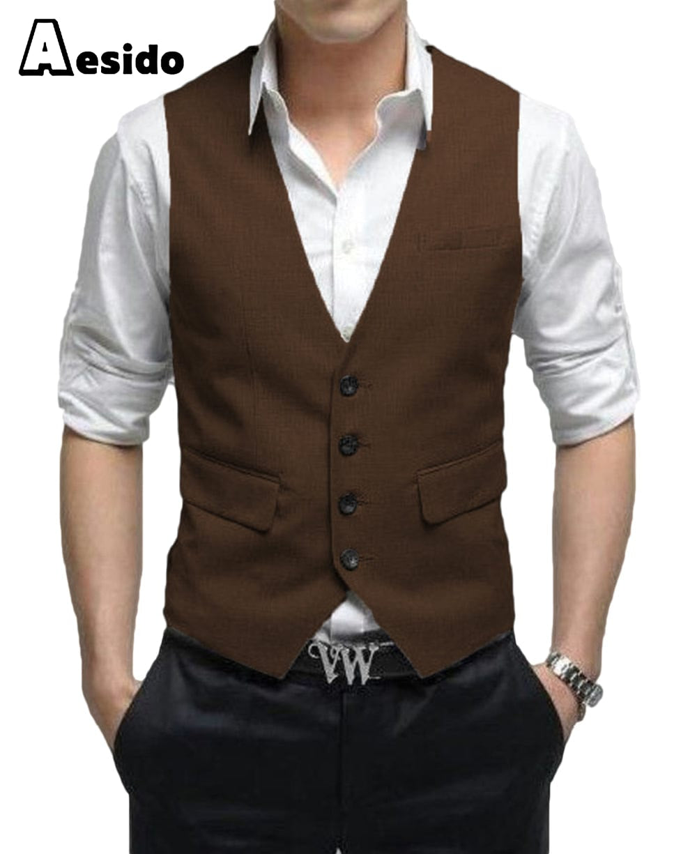 aesido Men's Vest Single Breasted V Neck Waistcoat