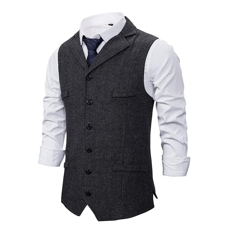 aesido Men's Vintage Lapel Herringbone Single Breasted Vest