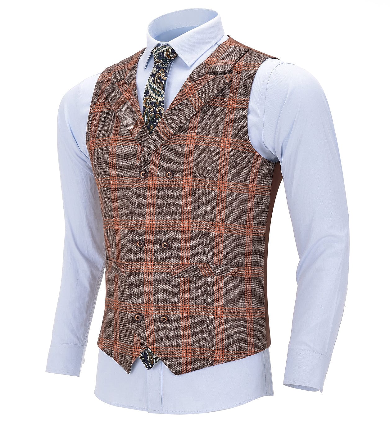 aesido Orange Plaid Peak Lapel Waistcoat Casual Slim Fit Suit Vest