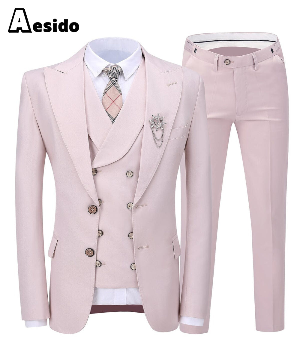 aesido Pink Flat Peak Lapel 3 Pieces Mens Suit For Wedding (Blazer+vest+Pants)