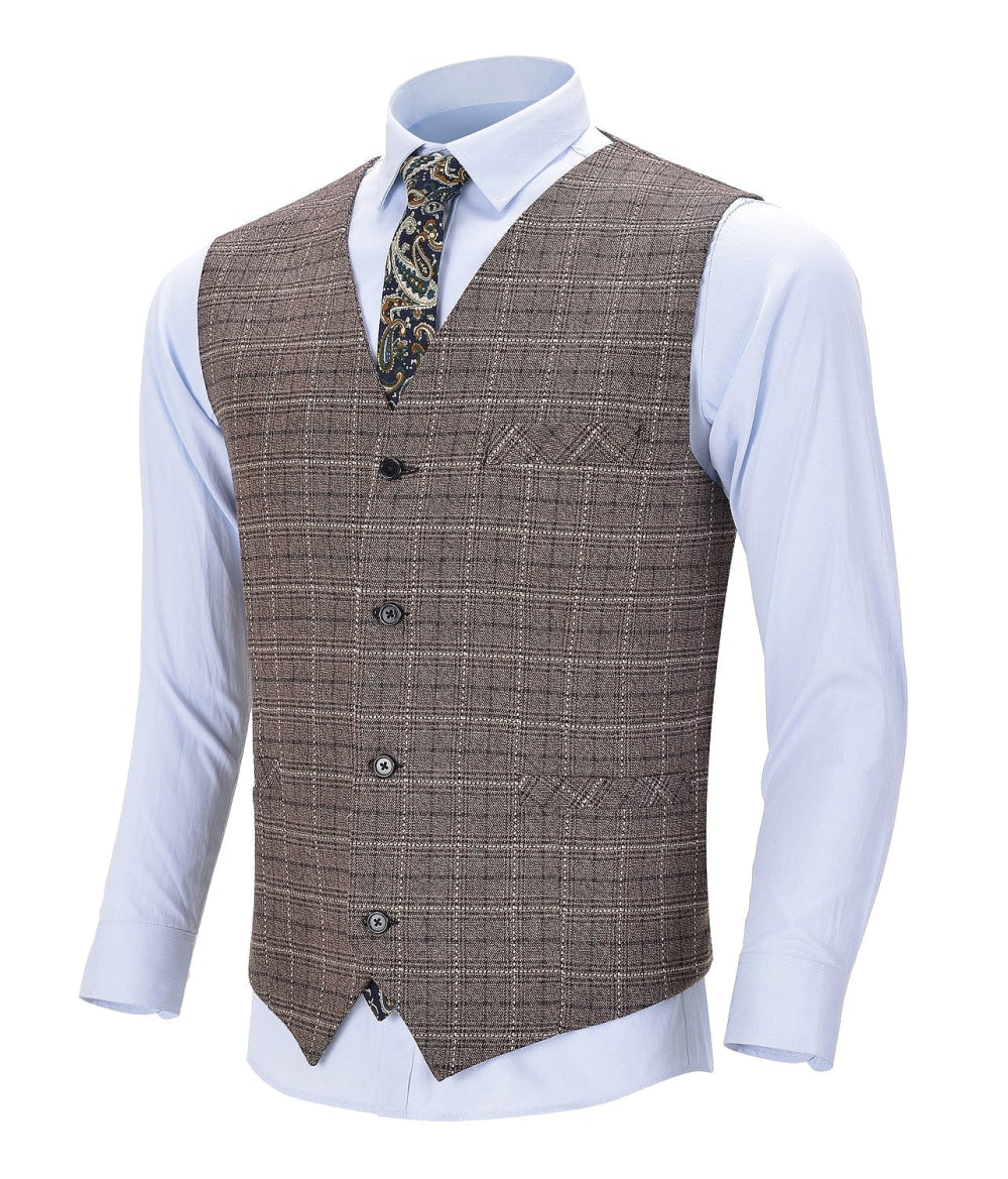 aesido Plaid V Neck Waistcoat Formal Solid Men's Suit Vest