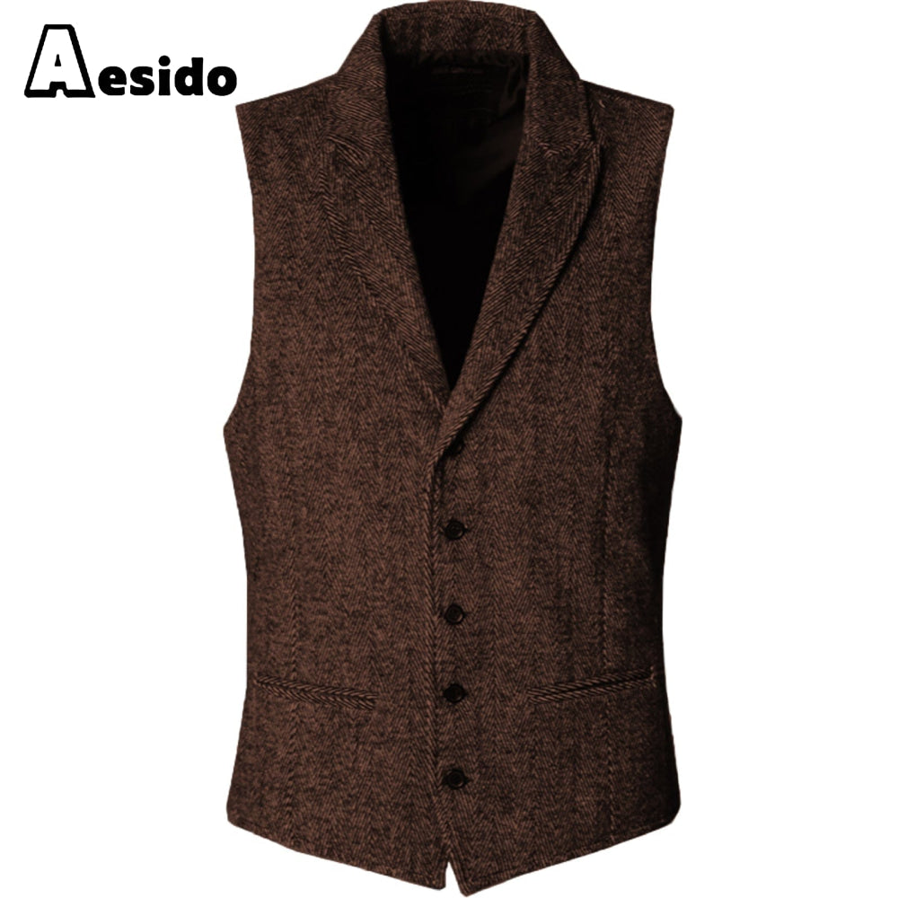 aesido Slim Fit Herringbone Peak Lapel Waistcoat